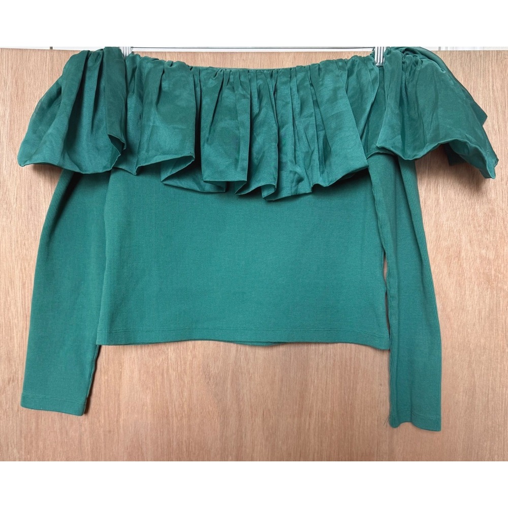 Anthropologie TurquoiseGreen Ribbed Ruffle Off The Shoulder Top XL NEW OB1789185